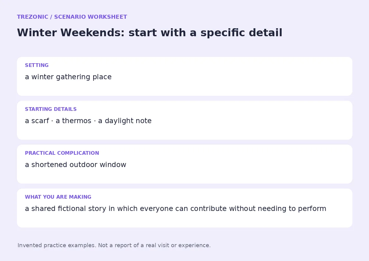 Practice worksheet for Winter Weekends: setting, starting details, complication and goal