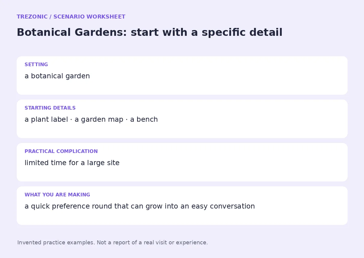 Practice worksheet for Botanical Gardens: setting, starting details, complication and goal