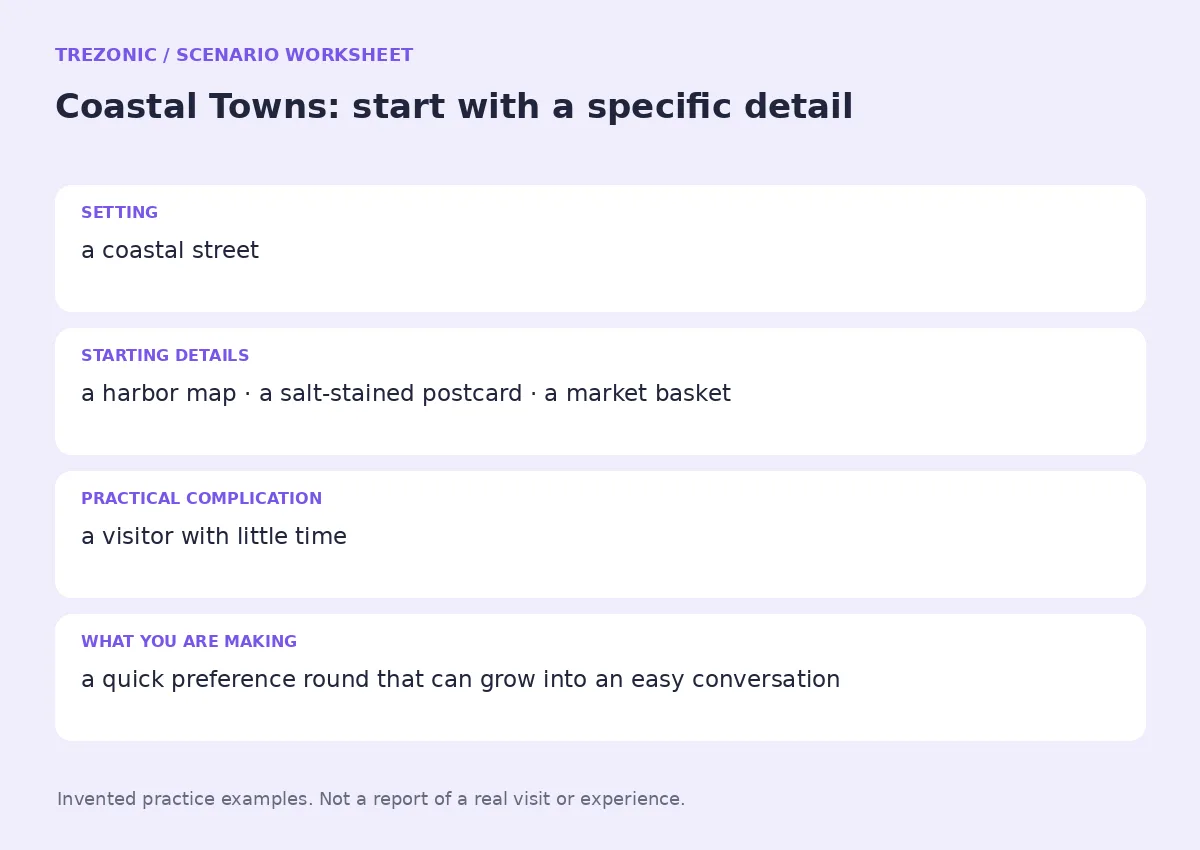 Practice worksheet for Coastal Towns: setting, starting details, complication and goal