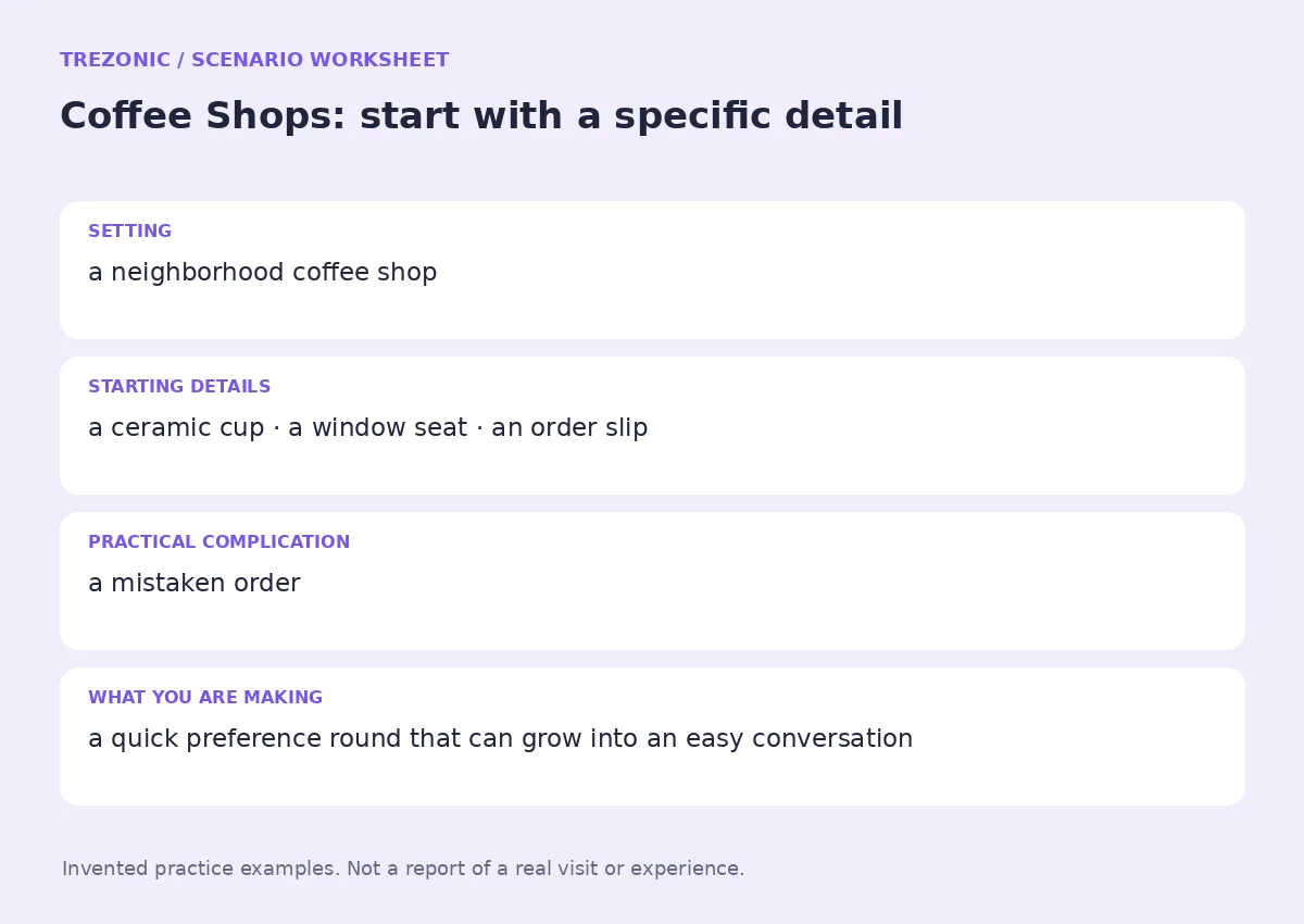 Practice worksheet for Coffee Shops: setting, starting details, complication and goal