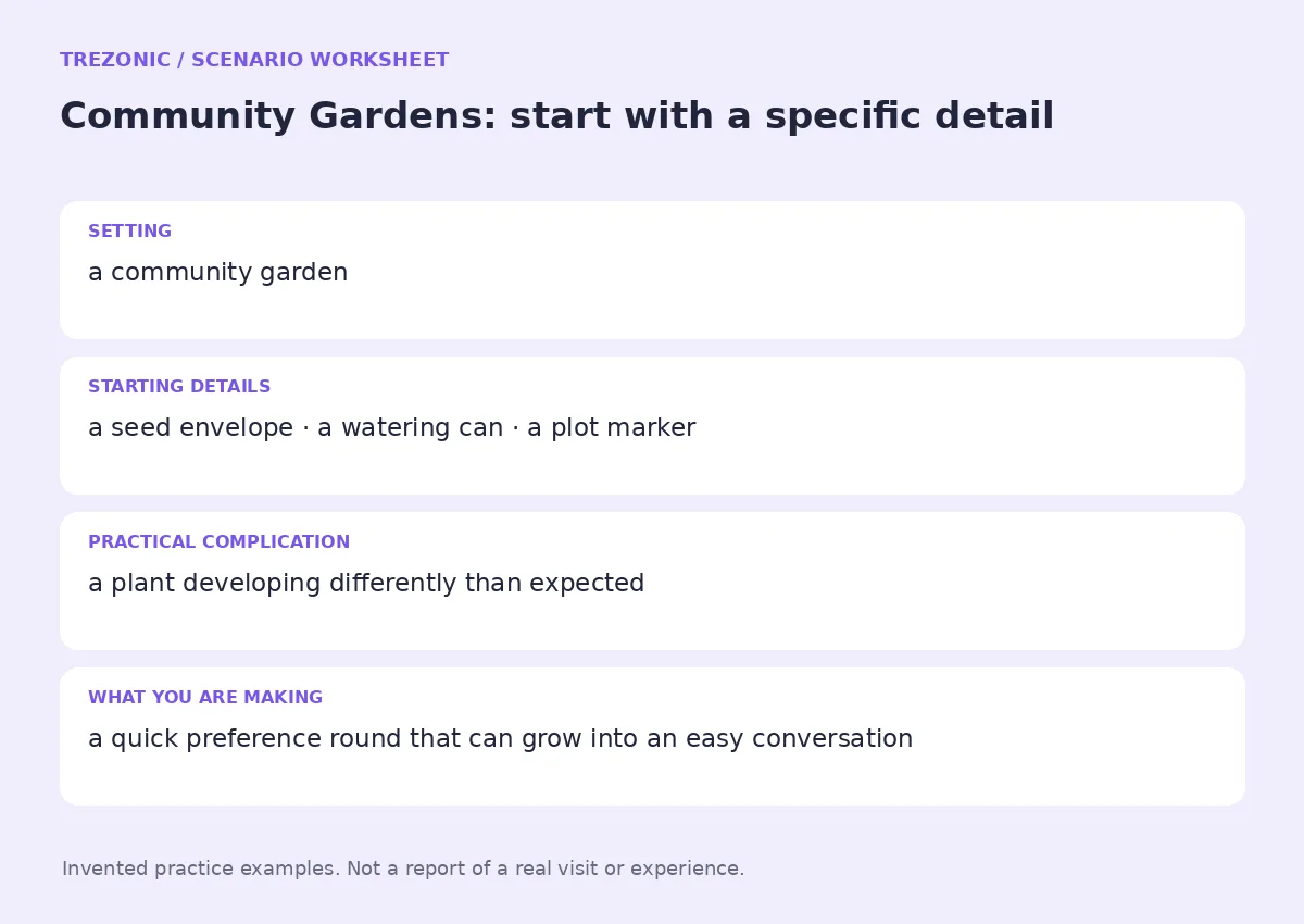Practice worksheet for Community Gardens: setting, starting details, complication and goal