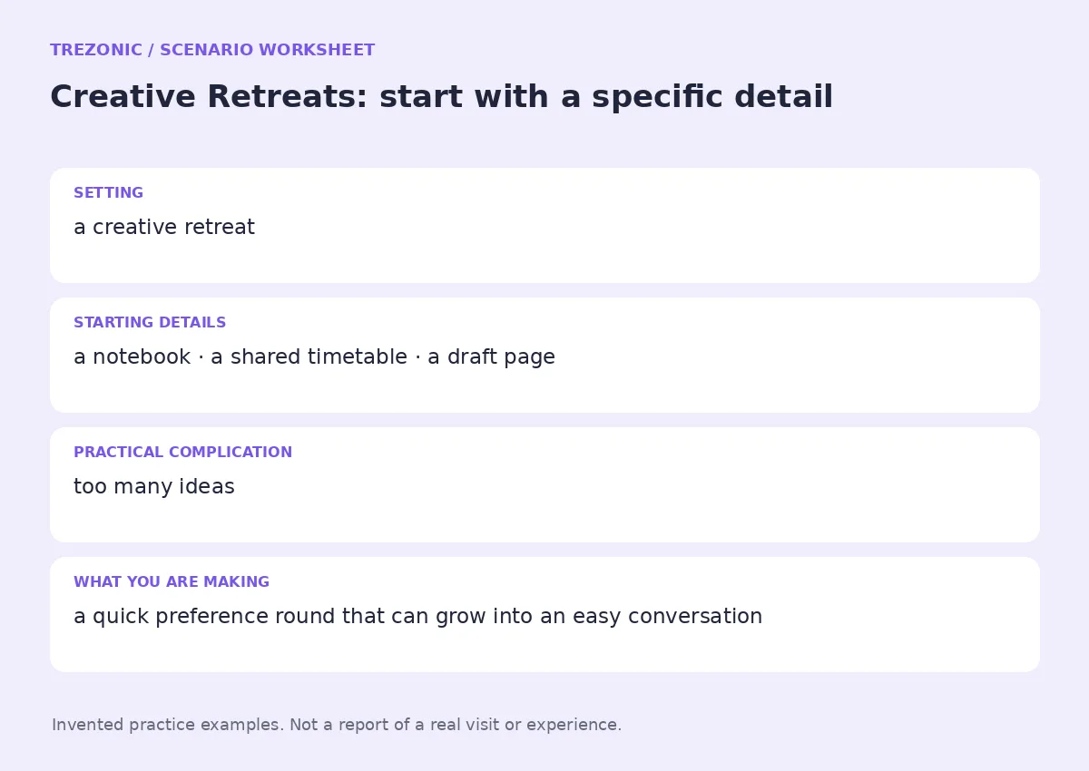 Practice worksheet for Creative Retreats: setting, starting details, complication and goal