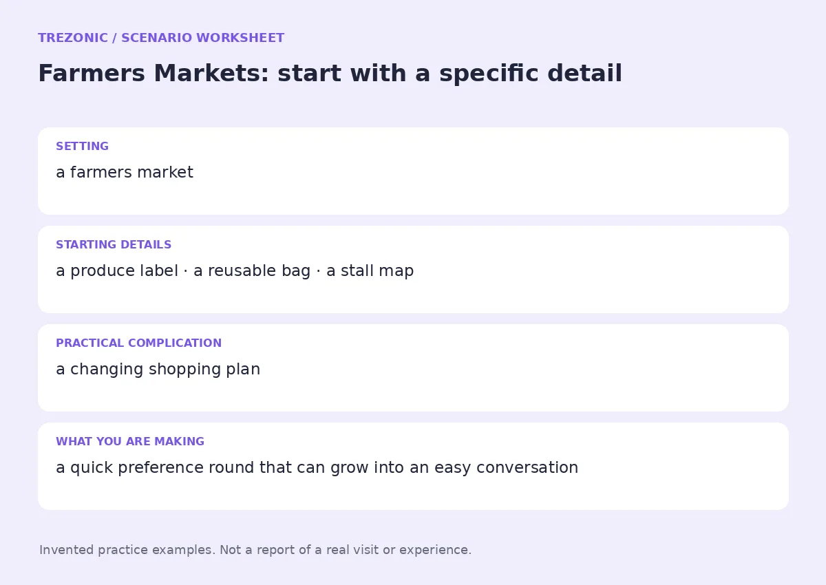 Practice worksheet for Farmers Markets: setting, starting details, complication and goal