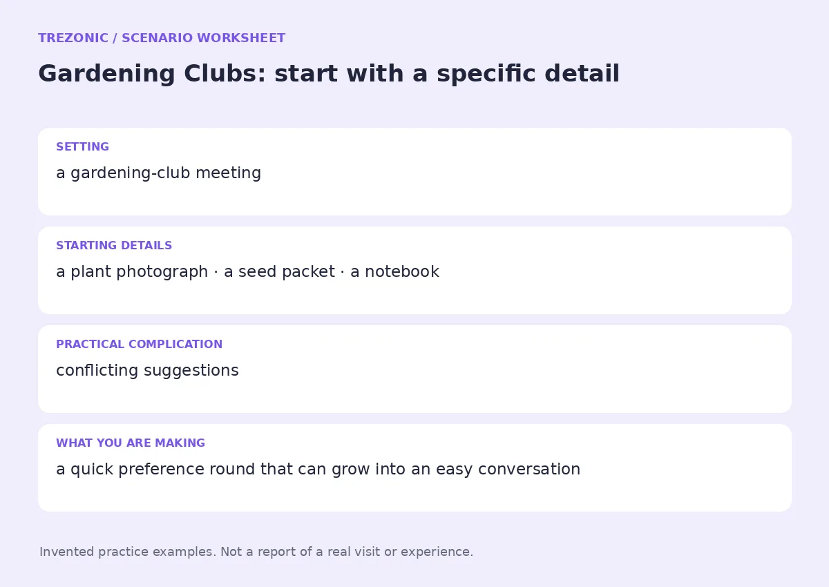 Practice worksheet for Gardening Clubs: setting, starting details, complication and goal