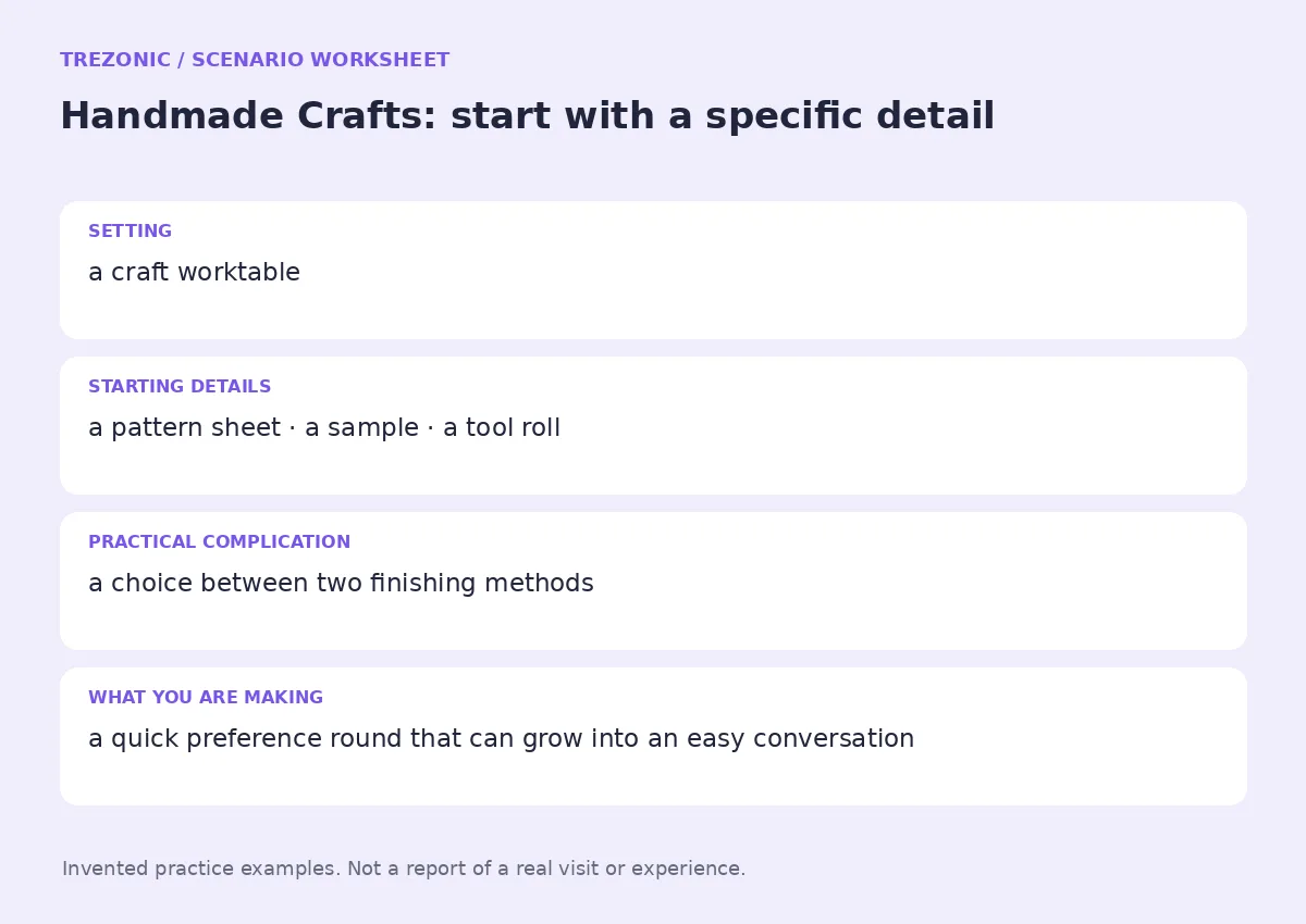 Practice worksheet for Handmade Crafts: setting, starting details, complication and goal