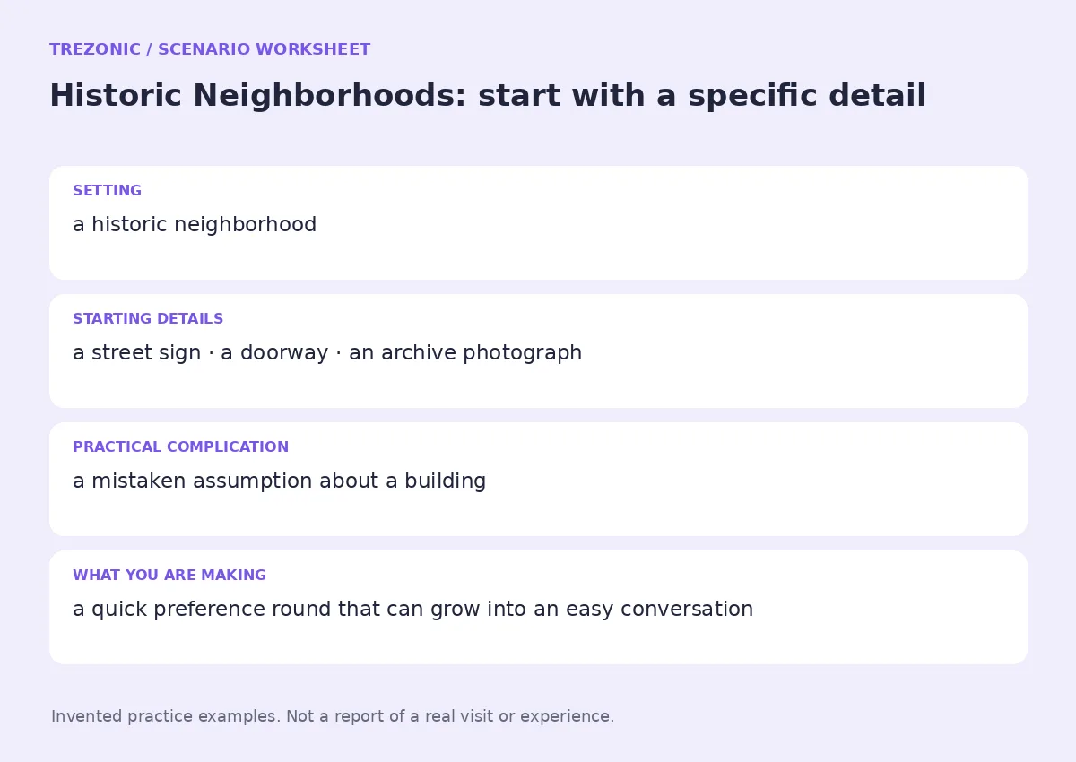 Practice worksheet for Historic Neighborhoods: setting, starting details, complication and goal