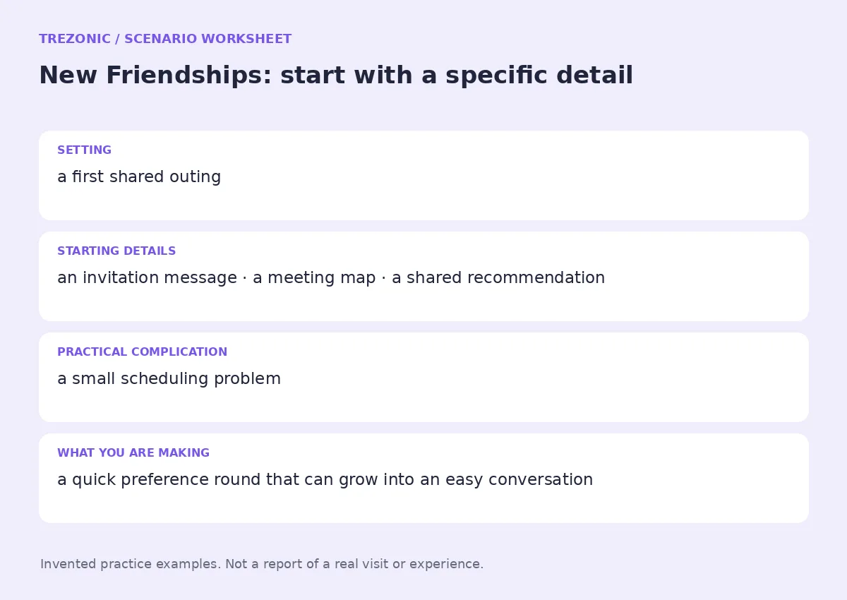 Practice worksheet for New Friendships: setting, starting details, complication and goal