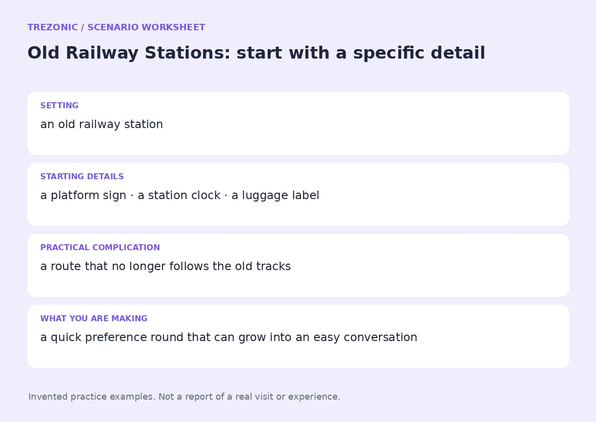 Practice worksheet for Old Railway Stations: setting, starting details, complication and goal