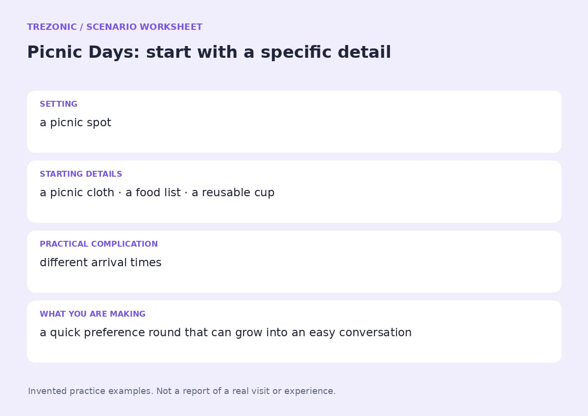 Practice worksheet for Picnic Days: setting, starting details, complication and goal