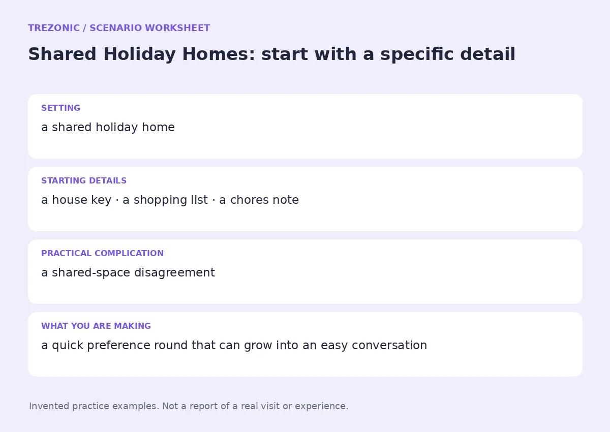 Practice worksheet for Shared Holiday Homes: setting, starting details, complication and goal