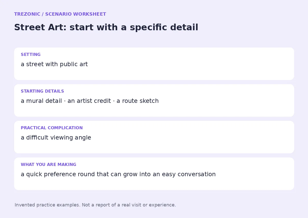 Practice worksheet for Street Art: setting, starting details, complication and goal