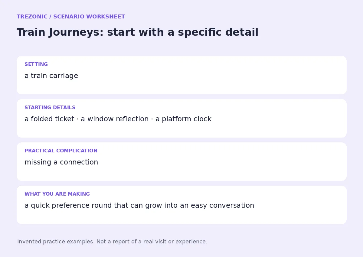 Practice worksheet for Train Journeys: setting, starting details, complication and goal