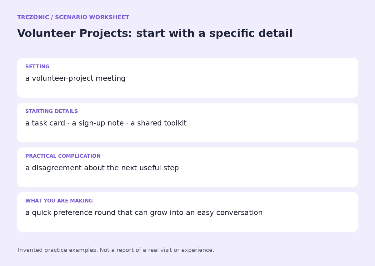 Practice worksheet for Volunteer Projects: setting, starting details, complication and goal