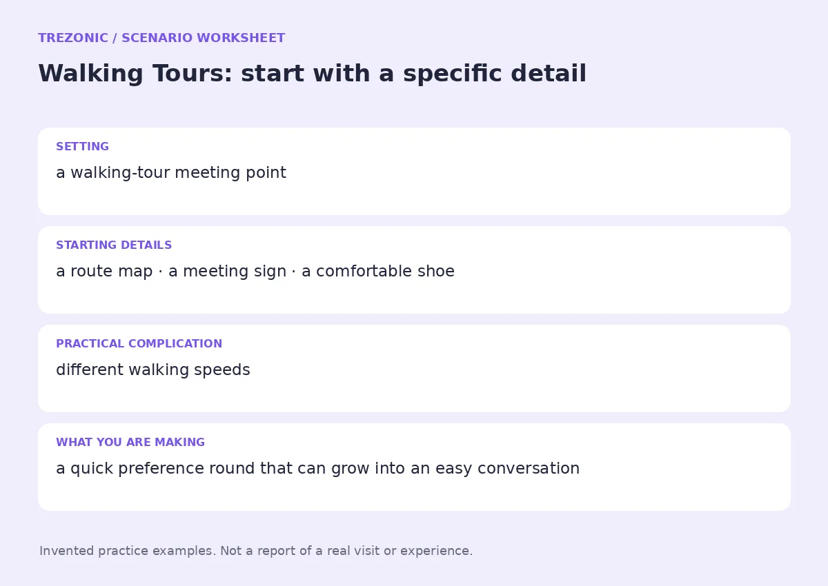 Practice worksheet for Walking Tours: setting, starting details, complication and goal