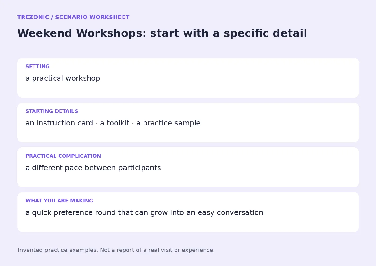 Practice worksheet for Weekend Workshops: setting, starting details, complication and goal