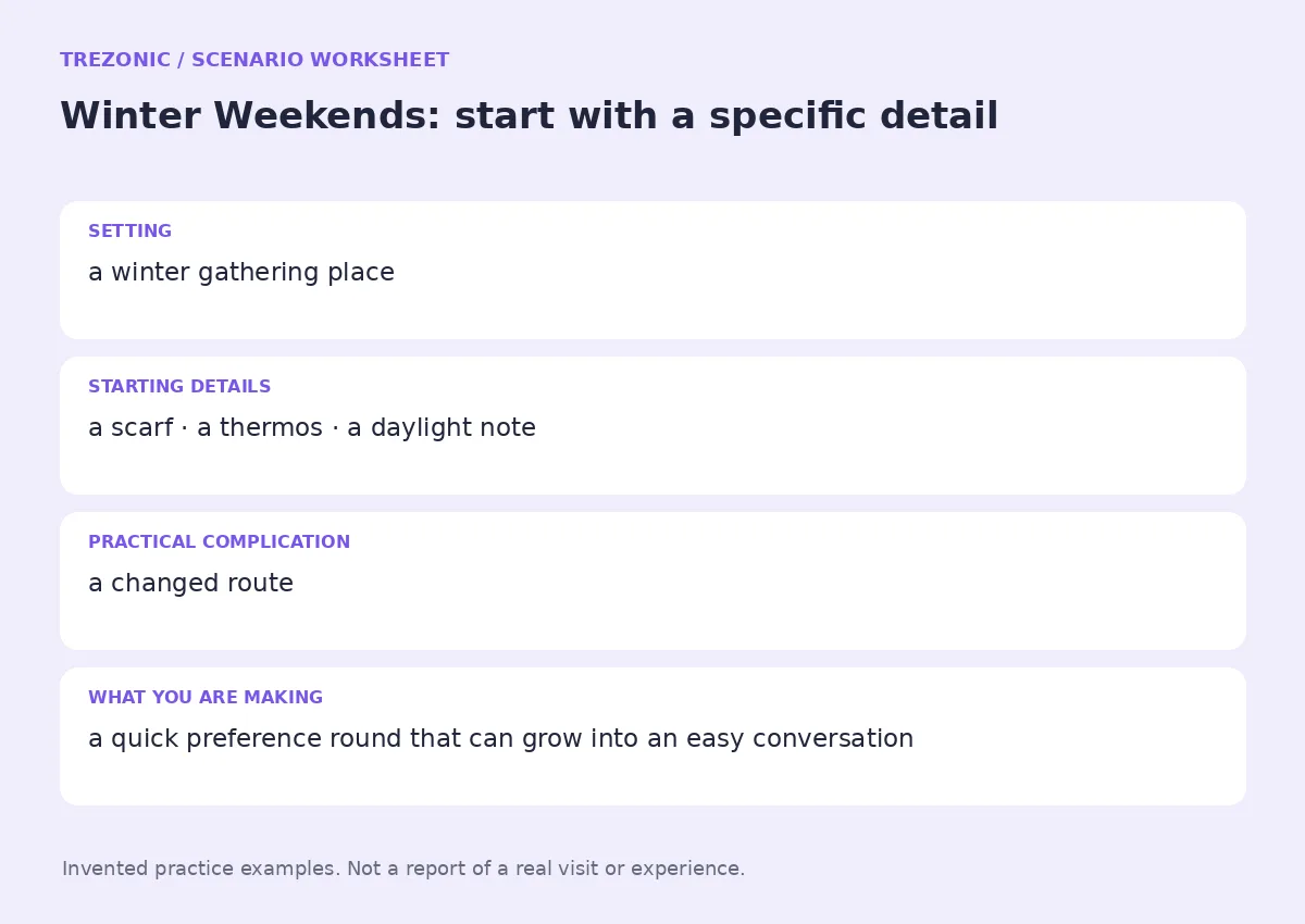 Practice worksheet for Winter Weekends: setting, starting details, complication and goal