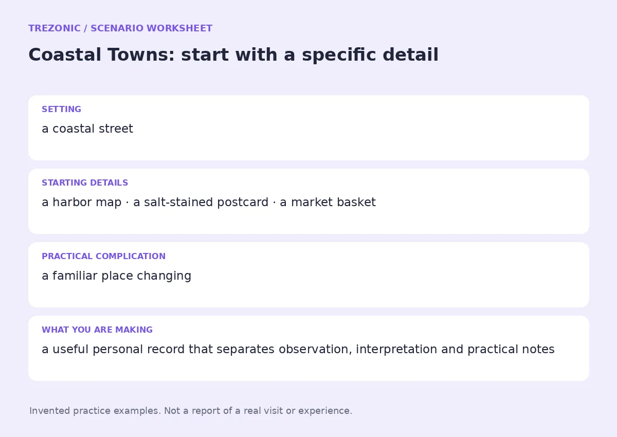 Practice worksheet for Coastal Towns: setting, starting details, complication and goal