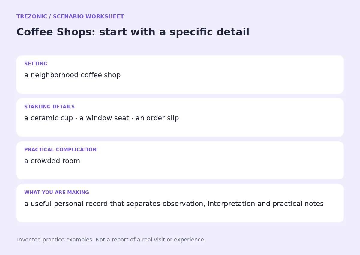 Practice worksheet for Coffee Shops: setting, starting details, complication and goal