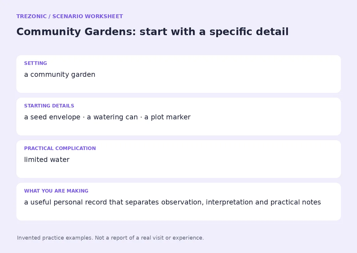 Practice worksheet for Community Gardens: setting, starting details, complication and goal