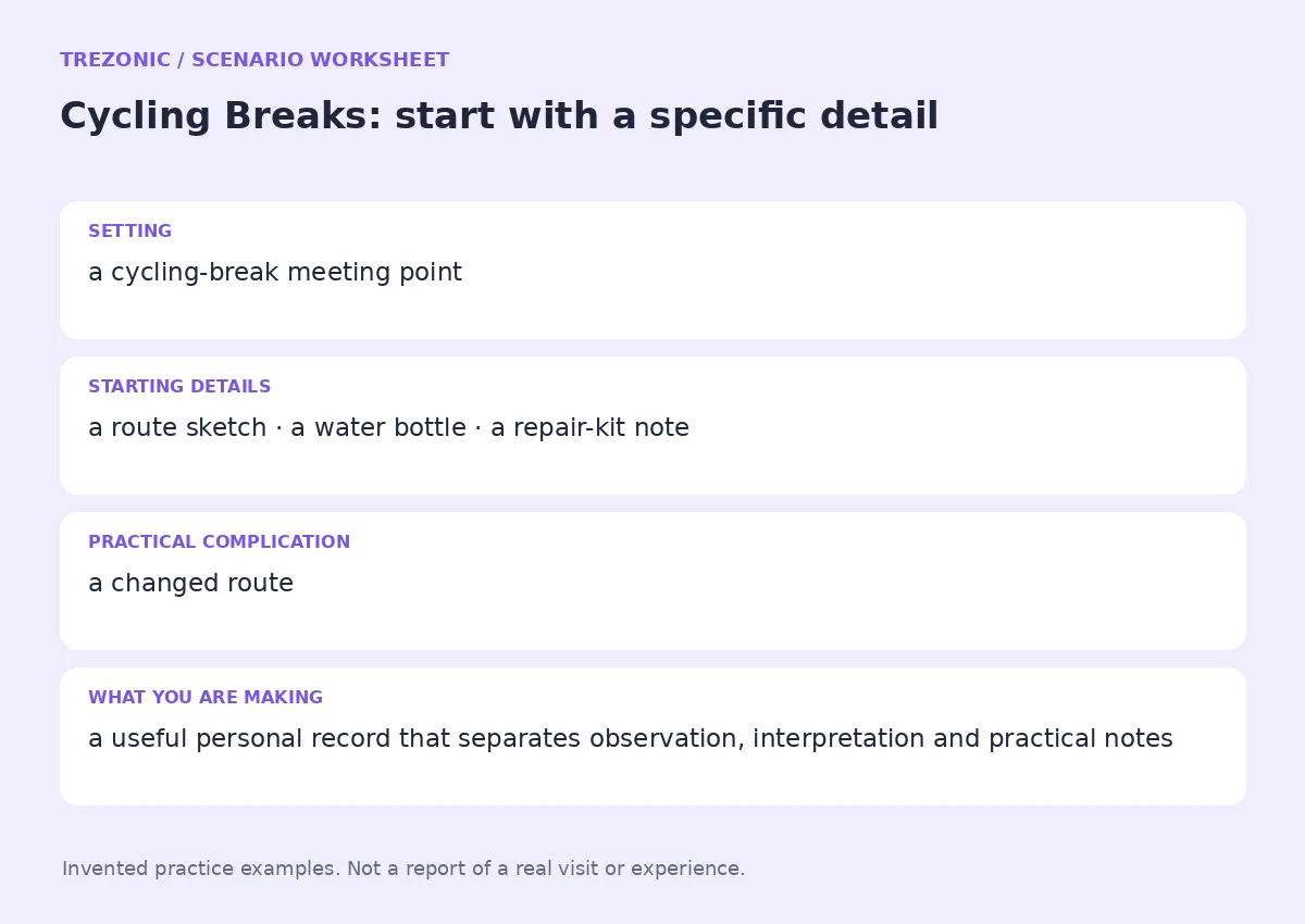 Practice worksheet for Cycling Breaks: setting, starting details, complication and goal