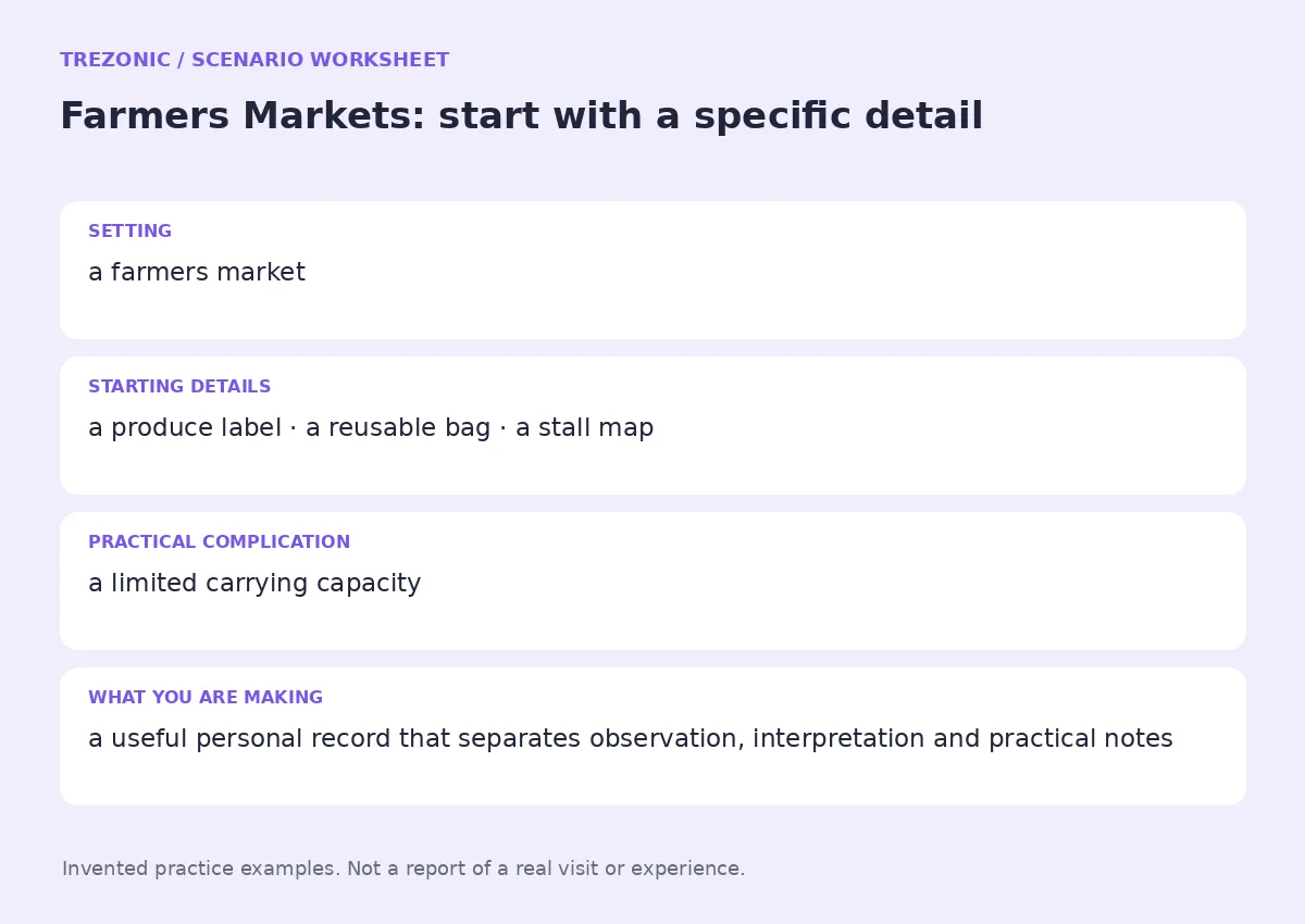 Practice worksheet for Farmers Markets: setting, starting details, complication and goal