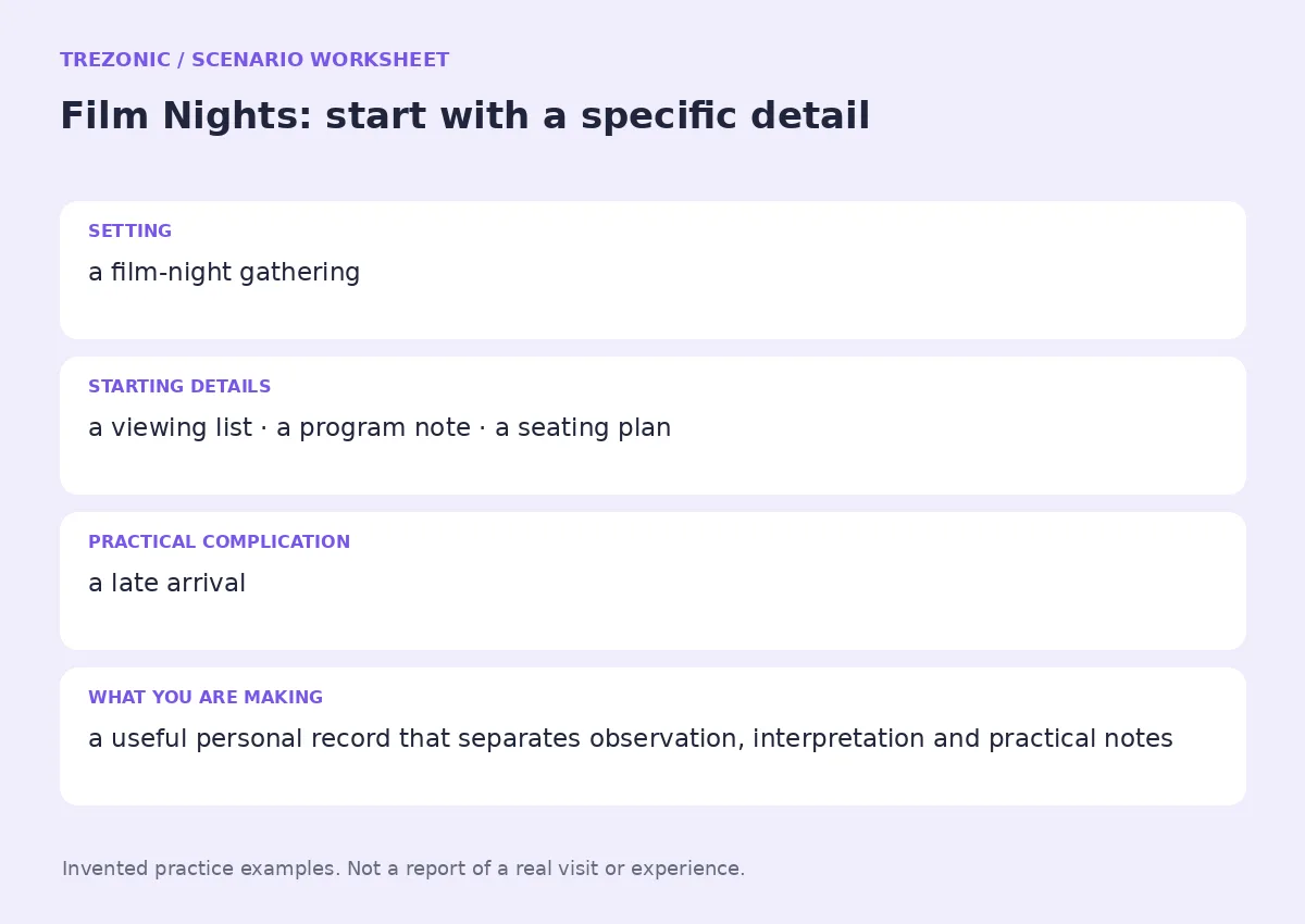 Practice worksheet for Film Nights: setting, starting details, complication and goal