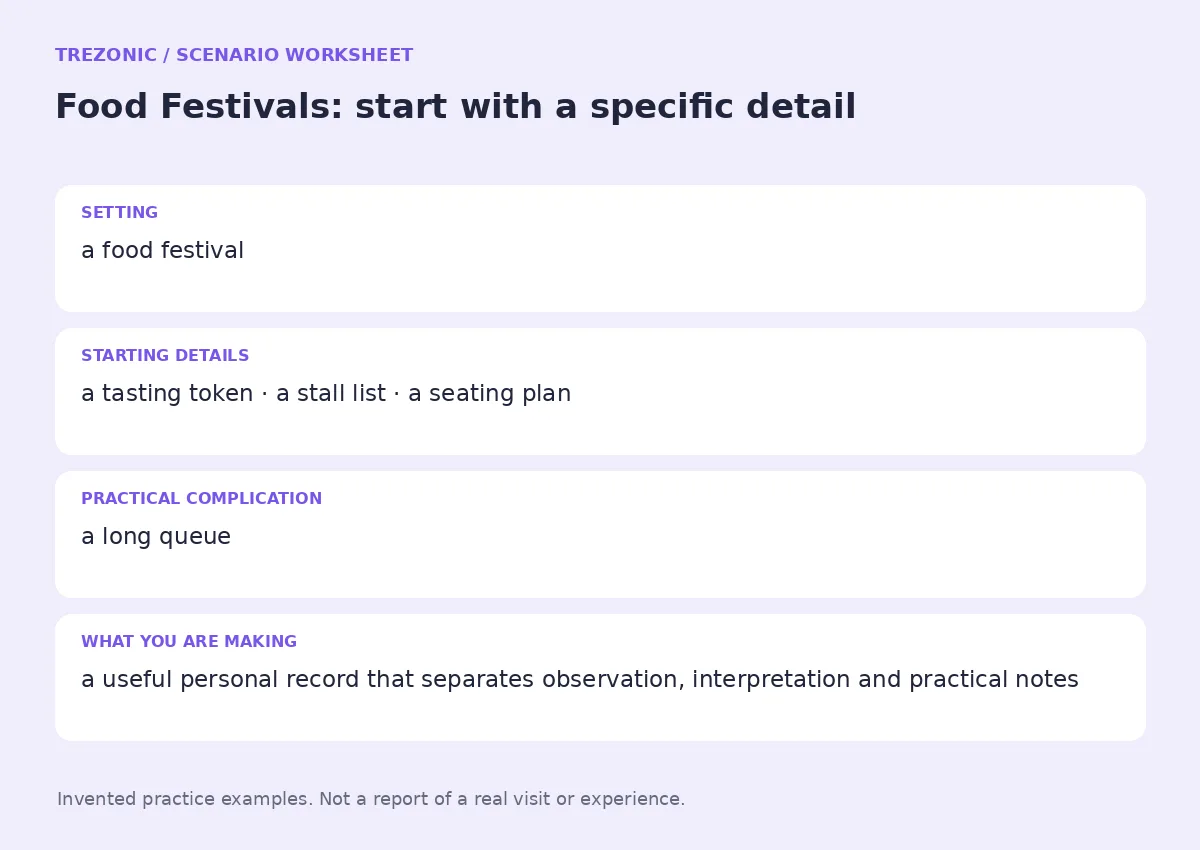 Practice worksheet for Food Festivals: setting, starting details, complication and goal