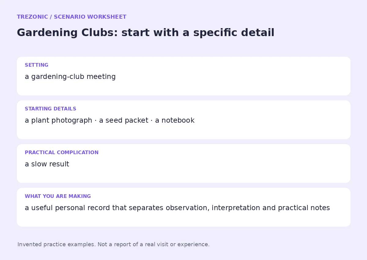 Practice worksheet for Gardening Clubs: setting, starting details, complication and goal