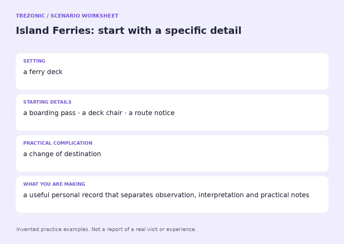 Practice worksheet for Island Ferries: setting, starting details, complication and goal