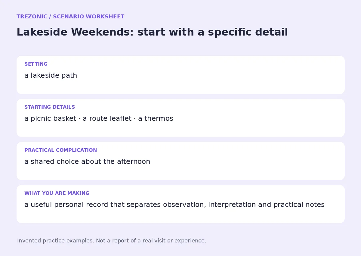 Practice worksheet for Lakeside Weekends: setting, starting details, complication and goal
