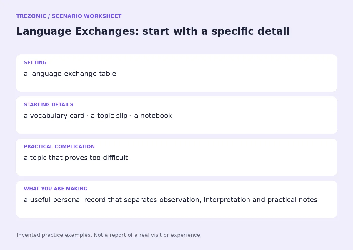 Practice worksheet for Language Exchanges: setting, starting details, complication and goal