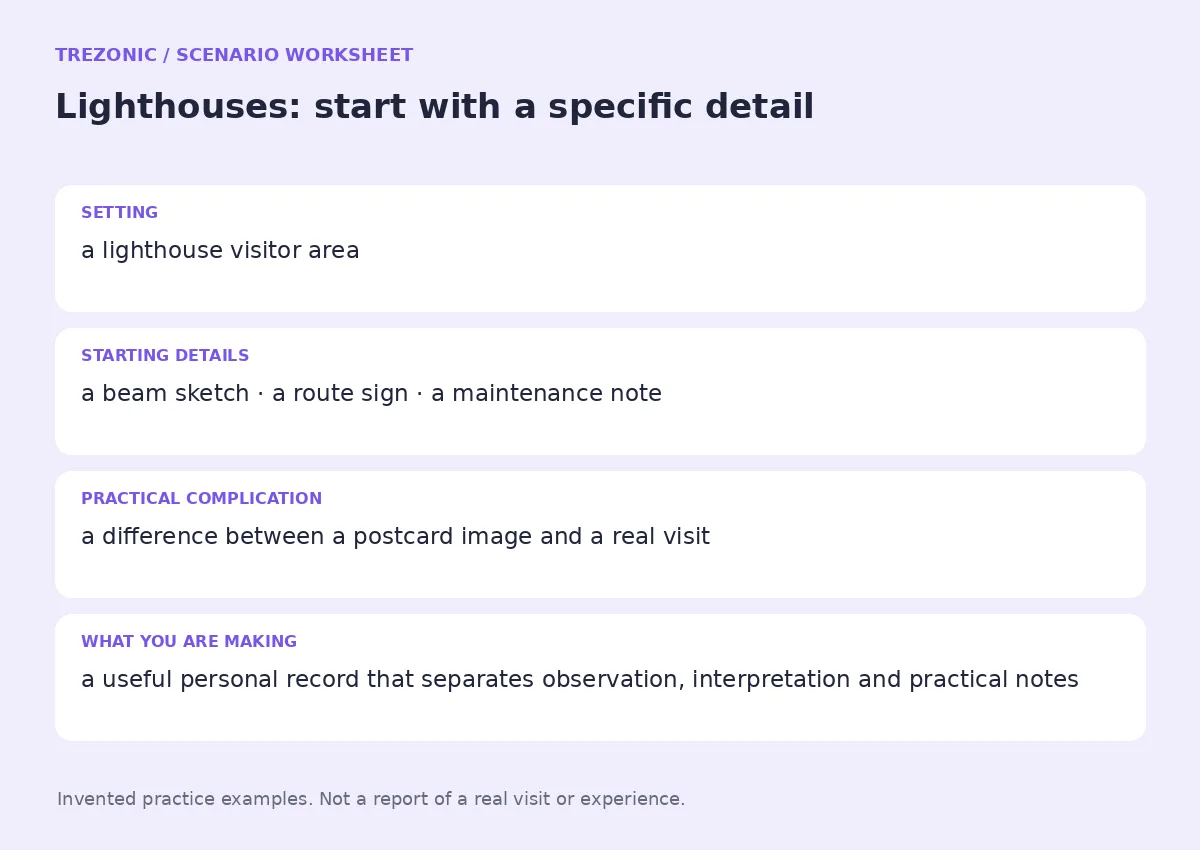 Practice worksheet for Lighthouses: setting, starting details, complication and goal