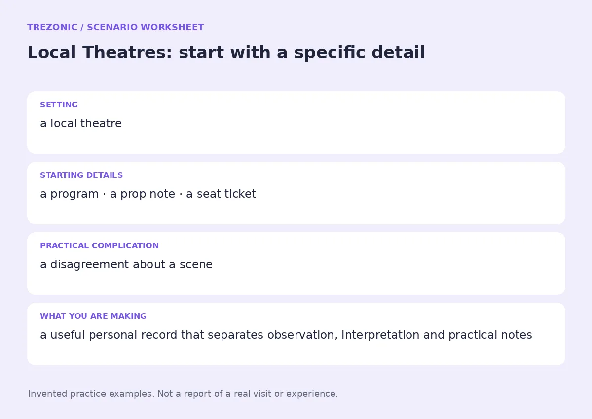 Practice worksheet for Local Theatres: setting, starting details, complication and goal