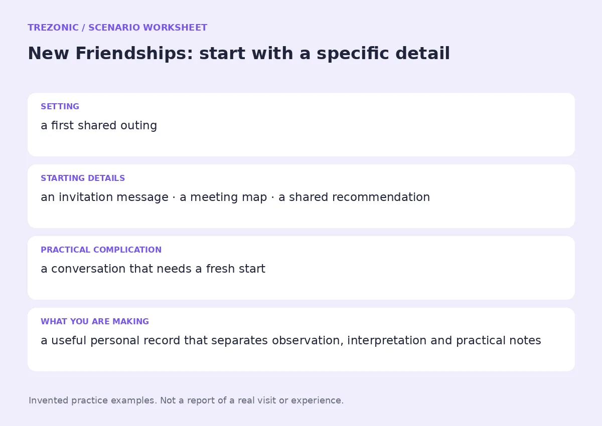 Practice worksheet for New Friendships: setting, starting details, complication and goal