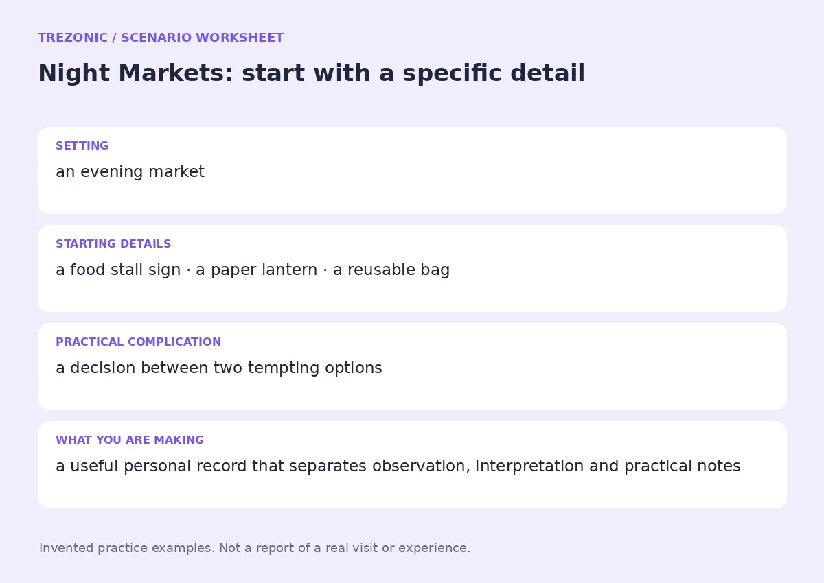 Practice worksheet for Night Markets: setting, starting details, complication and goal