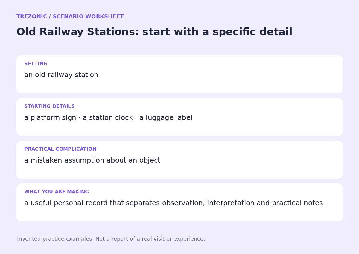 Practice worksheet for Old Railway Stations: setting, starting details, complication and goal
