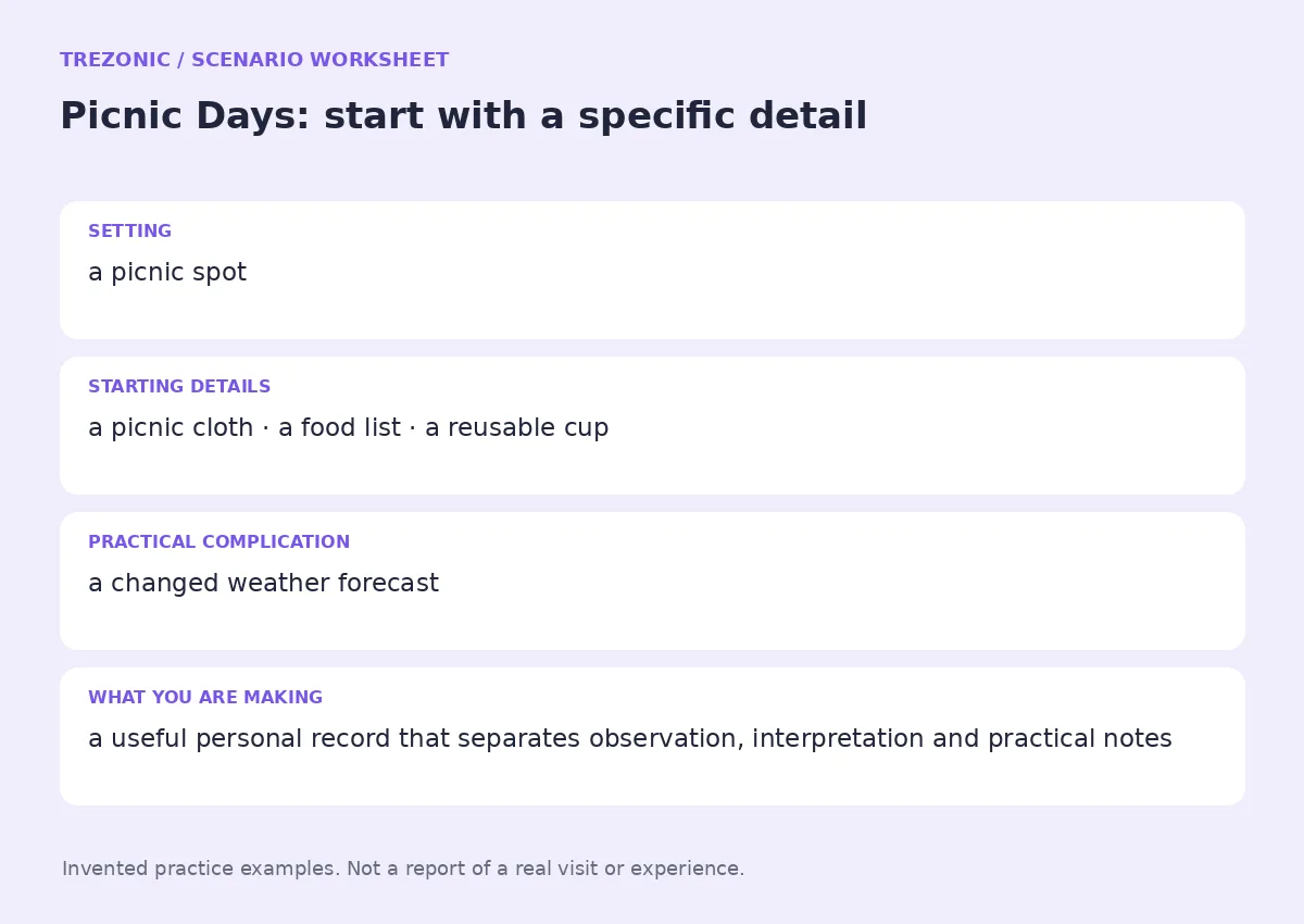 Practice worksheet for Picnic Days: setting, starting details, complication and goal