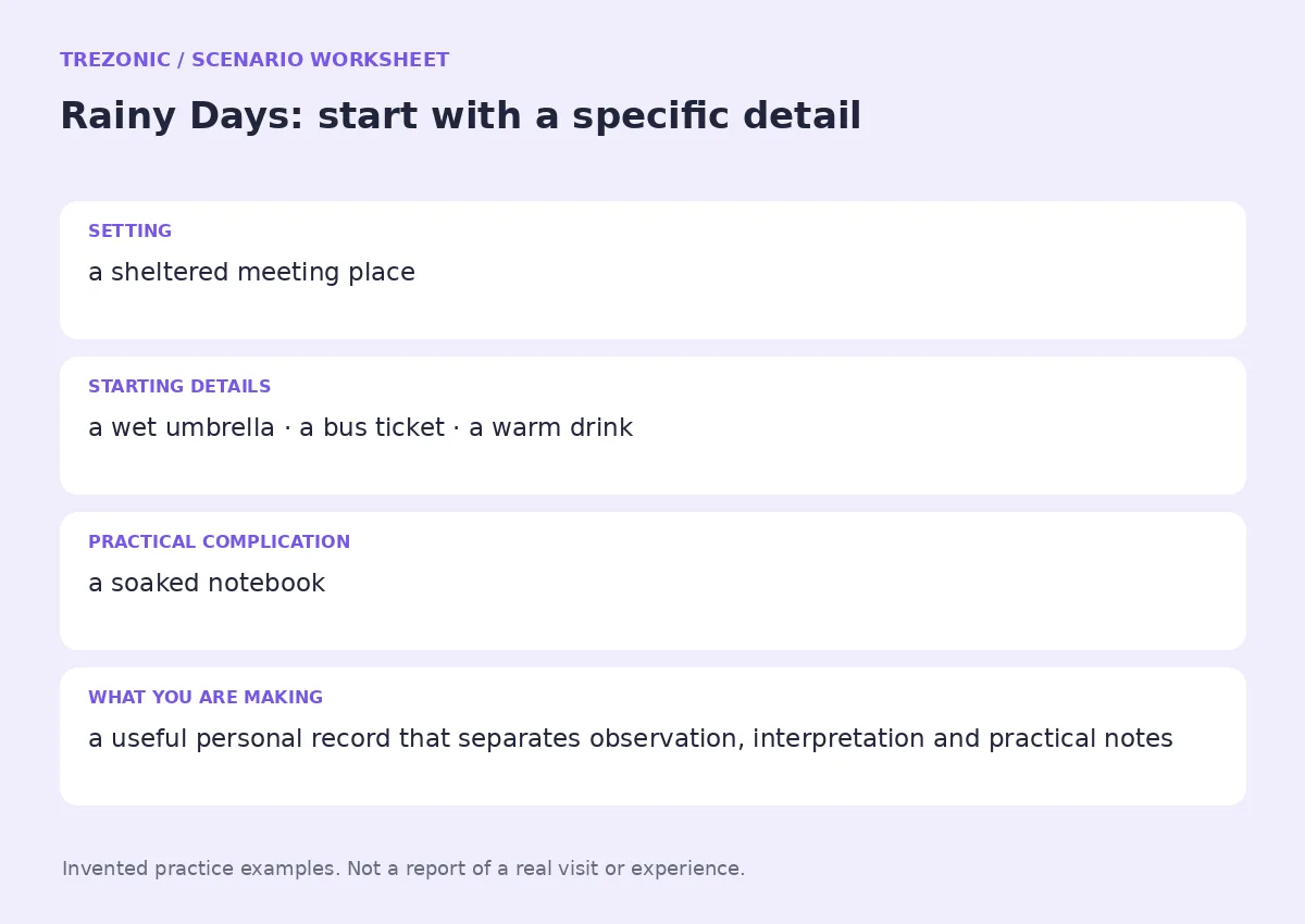 Practice worksheet for Rainy Days: setting, starting details, complication and goal