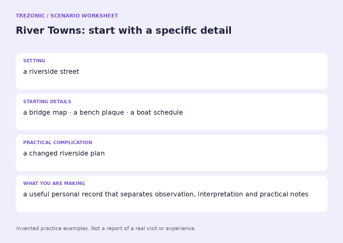 Practice worksheet for River Towns: setting, starting details, complication and goal