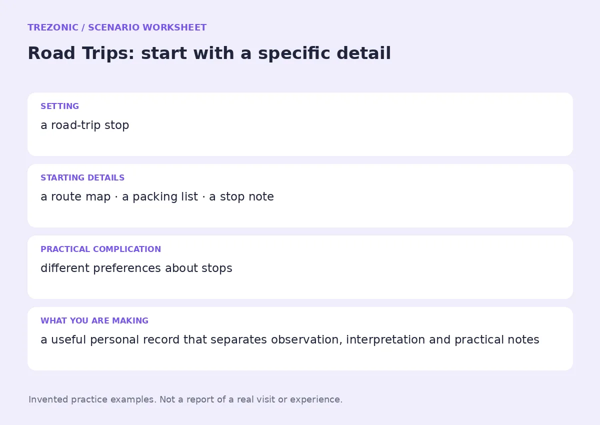 Practice worksheet for Road Trips: setting, starting details, complication and goal