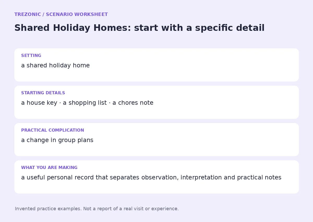 Practice worksheet for Shared Holiday Homes: setting, starting details, complication and goal