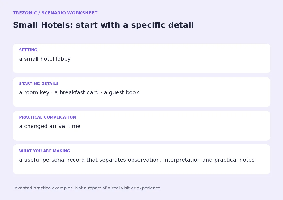 Practice worksheet for Small Hotels: setting, starting details, complication and goal