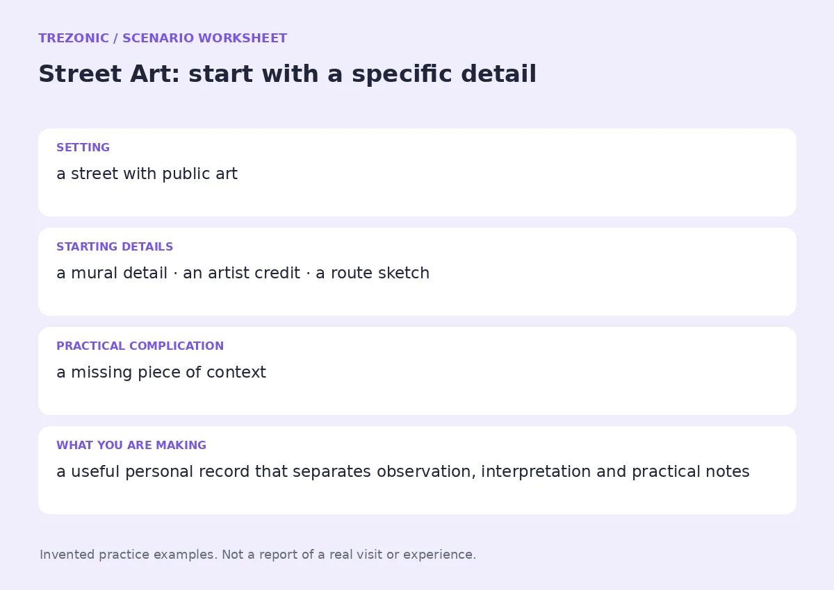 Practice worksheet for Street Art: setting, starting details, complication and goal