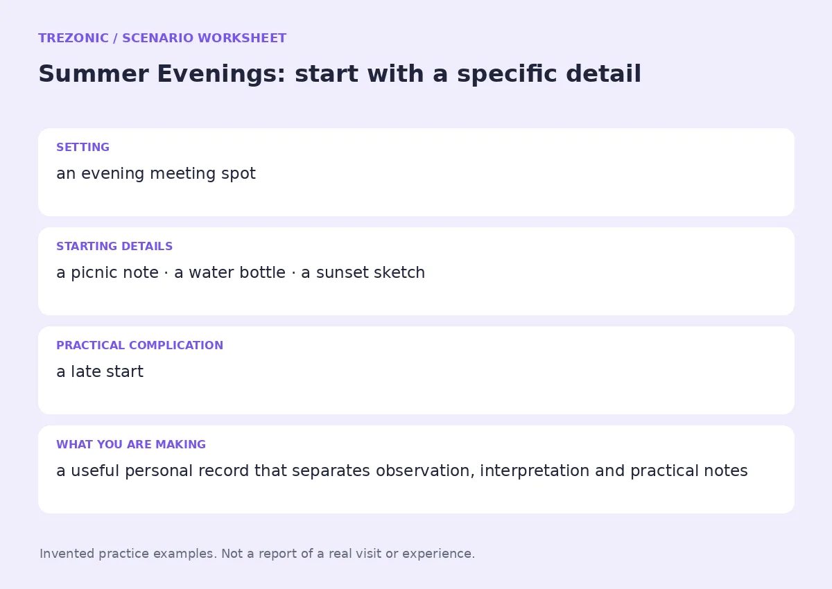 Practice worksheet for Summer Evenings: setting, starting details, complication and goal