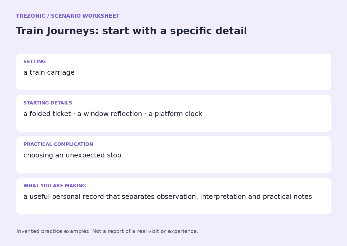 Practice worksheet for Train Journeys: setting, starting details, complication and goal