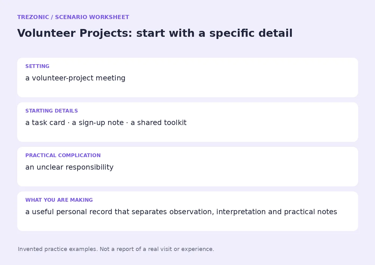 Practice worksheet for Volunteer Projects: setting, starting details, complication and goal