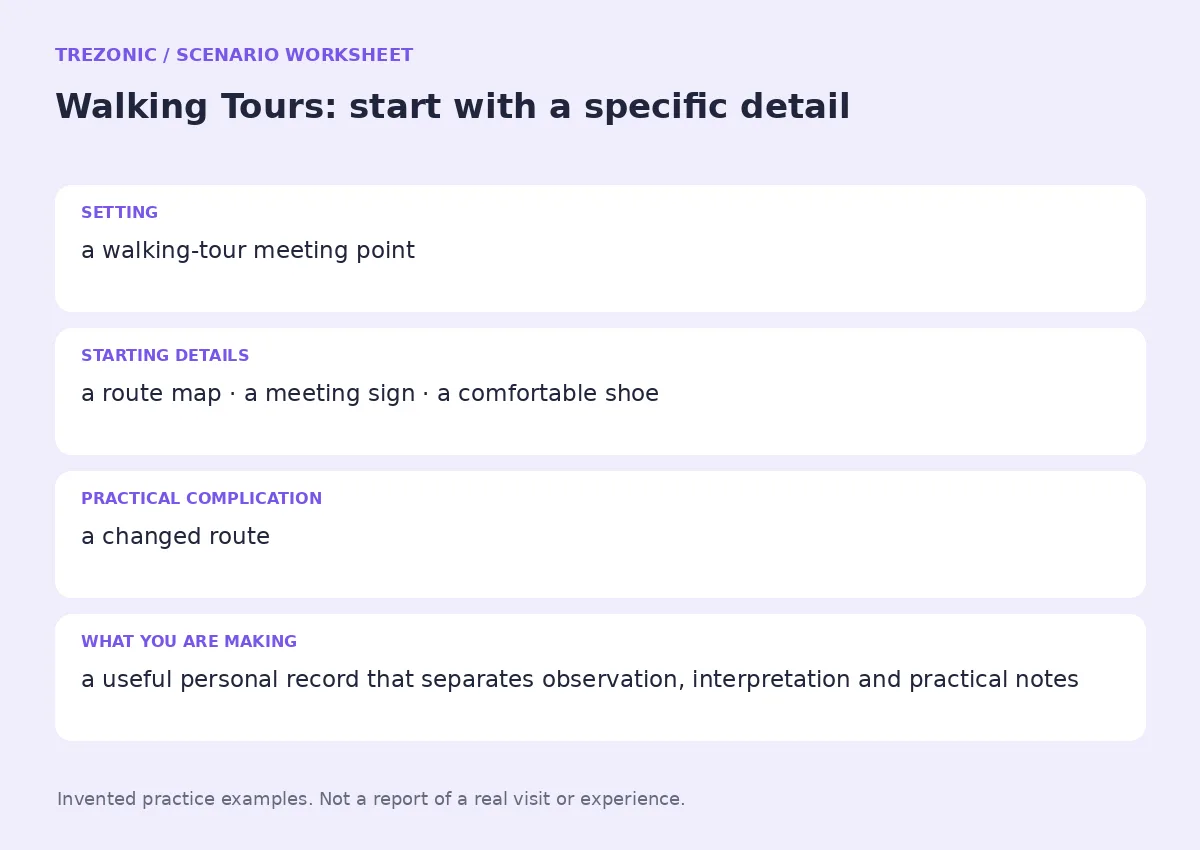 Practice worksheet for Walking Tours: setting, starting details, complication and goal