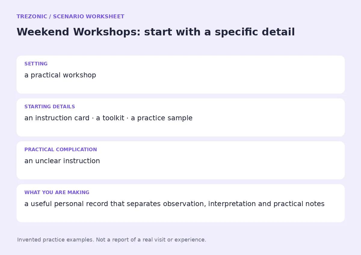 Practice worksheet for Weekend Workshops: setting, starting details, complication and goal