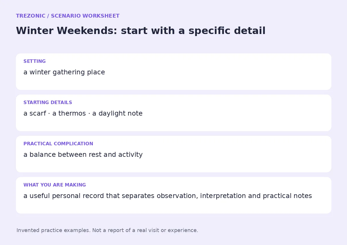 Practice worksheet for Winter Weekends: setting, starting details, complication and goal
