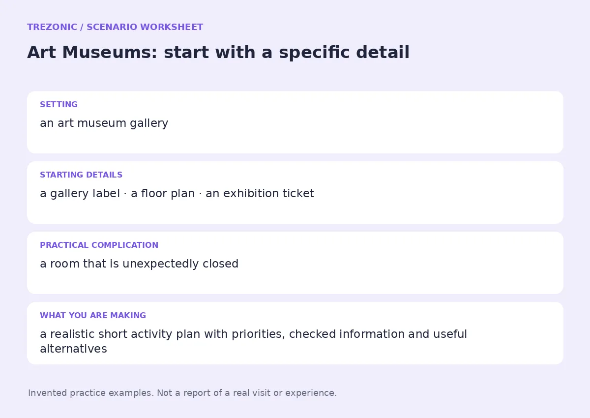 Practice worksheet for Art Museums: setting, starting details, complication and goal